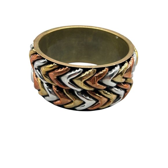 Mixed Metal Brass Copper Silver Tone Chevron Design Chunky Wide Bangle Bracelet - Picture 1 of 11